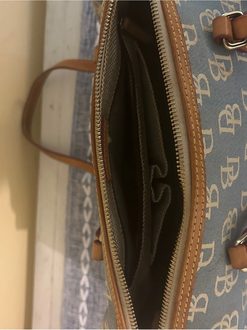 Dooney & Bourke Light Blue Signature Canvas Shoulder Bag with Tan Trim